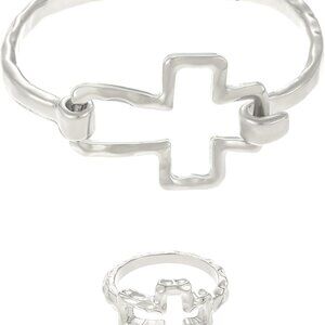 Elegant 16K Gold Heart Bracelet Ring Set for Women - Silver, Adjustable, Chunky